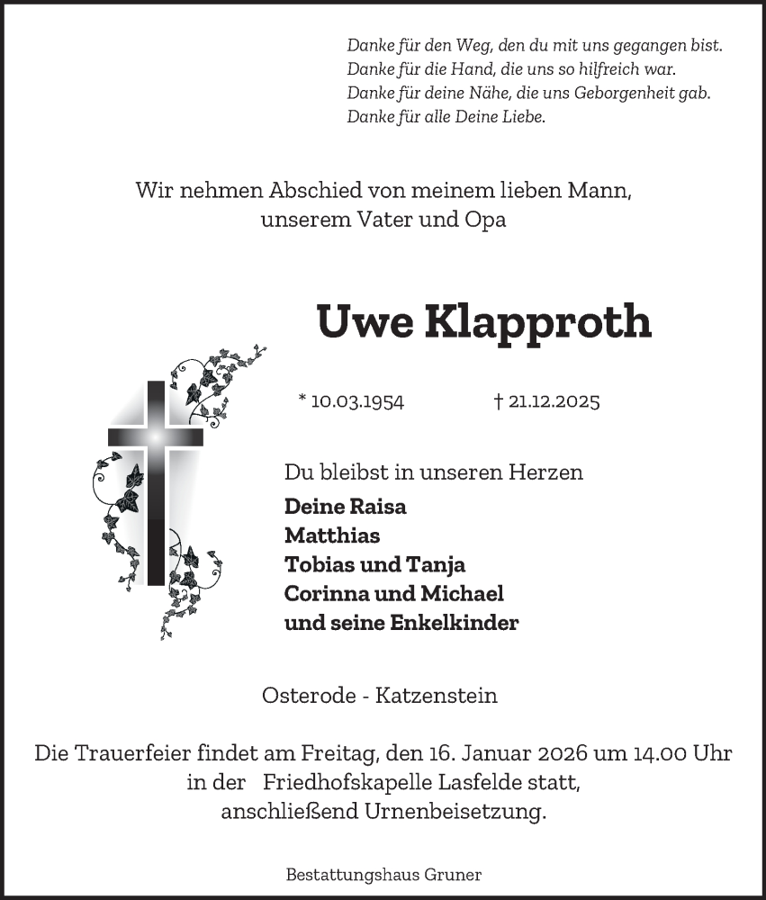  Traueranzeige für Uwe Klapproth vom 10.01.2026 aus Harz Kurier