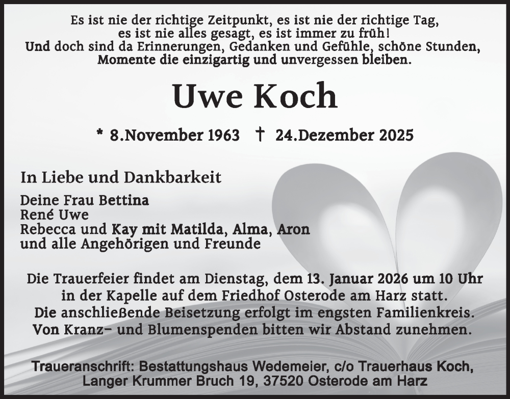 Traueranzeige für Uwe Koch vom 03.01.2026 aus Harz Kurier