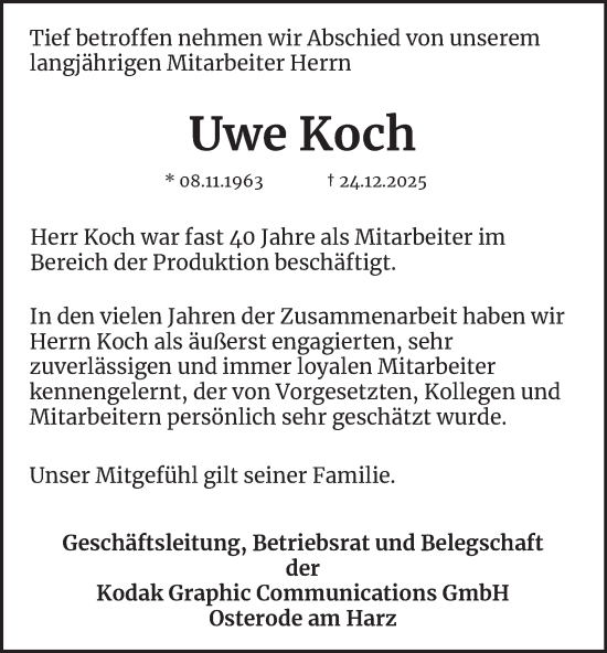 Traueranzeige von Uwe Koch von Harz Kurier