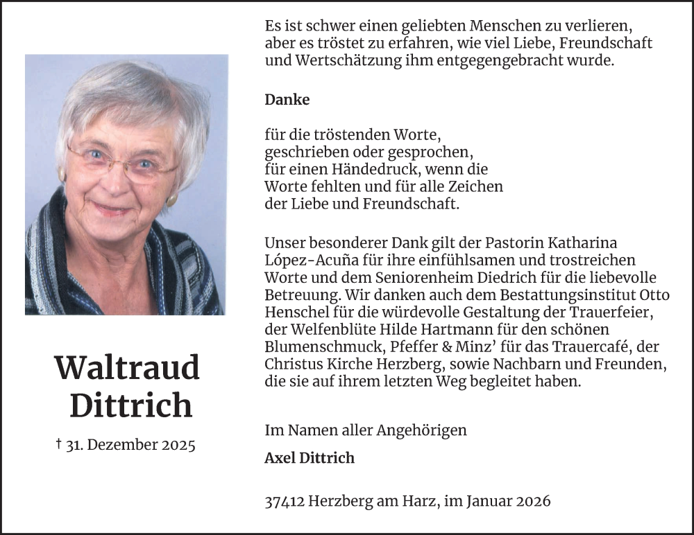  Traueranzeige für Waltraud Dittrich vom 24.01.2026 aus Harz Kurier