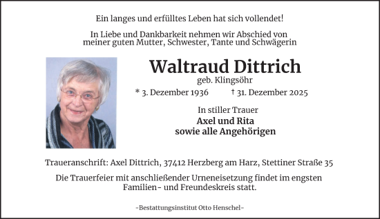 Traueranzeige von Waltraud Dittrich von Harz Kurier