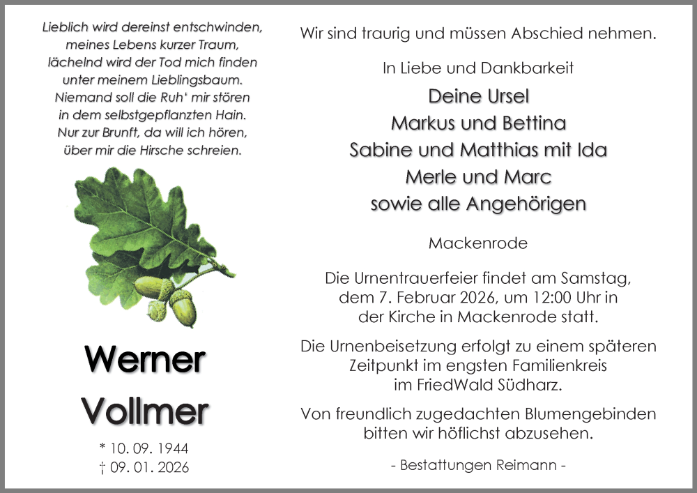  Traueranzeige für Werner Vollmer vom 24.01.2026 aus Harz Kurier