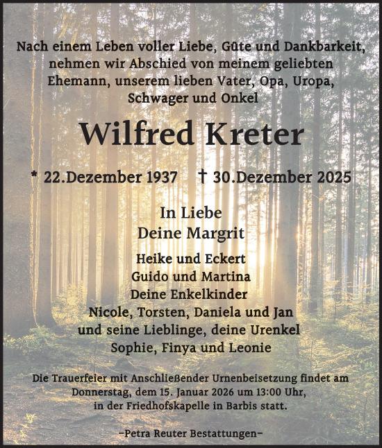 Traueranzeige von Wilfred Kreter von Harz Kurier
