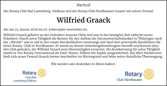Traueranzeige von Wilfried Graack von Harz Kurier
