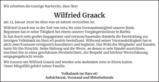 Traueranzeige von Wilfried Graack von Harz Kurier