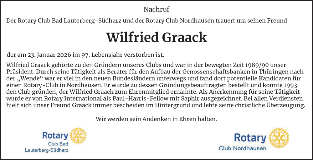  Traueranzeige für Wilfried Graack vom 31.01.2026 aus Harz Kurier