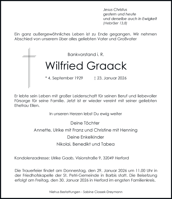 Traueranzeige von Wilfried Graack von Harz Kurier