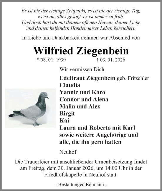 Traueranzeige von Wilfried Ziegenbein von Harz Kurier
