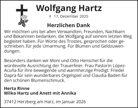 Traueranzeige von Wolfgang Hartz von Harz Kurier