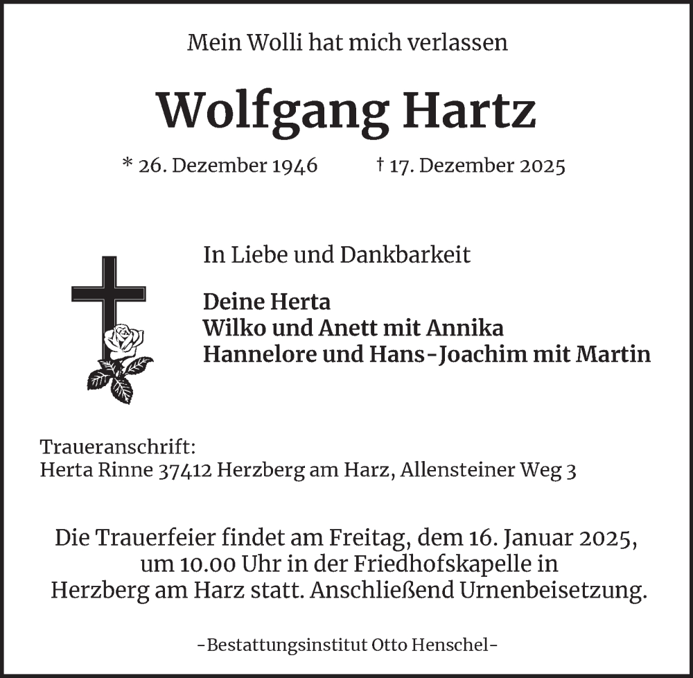  Traueranzeige für Wolfgang Hartz vom 10.01.2026 aus Harz Kurier