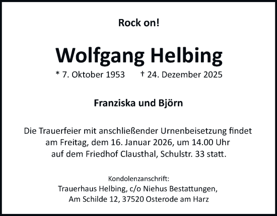 Traueranzeige von Wolfgang Helbing von Harz Kurier