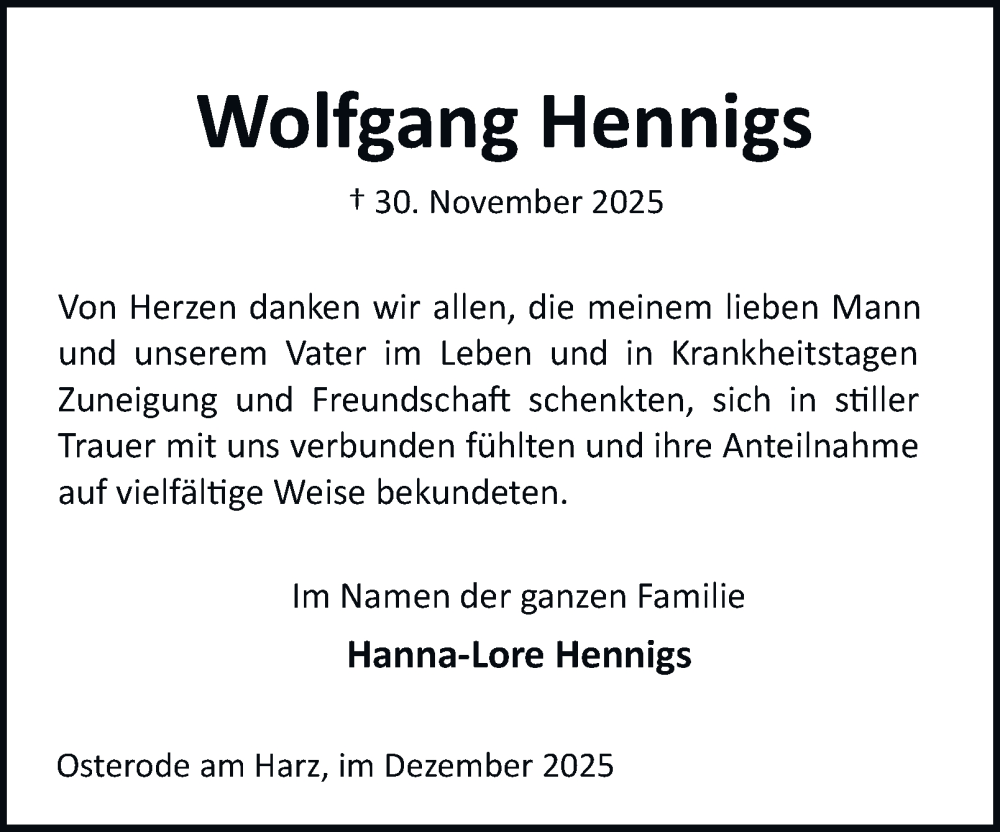  Traueranzeige für Wolfgang Hennigs vom 03.01.2026 aus Harz Kurier