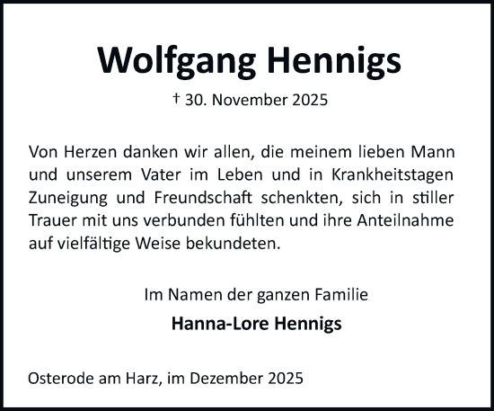 Traueranzeige von Wolfgang Hennigs von Harz Kurier