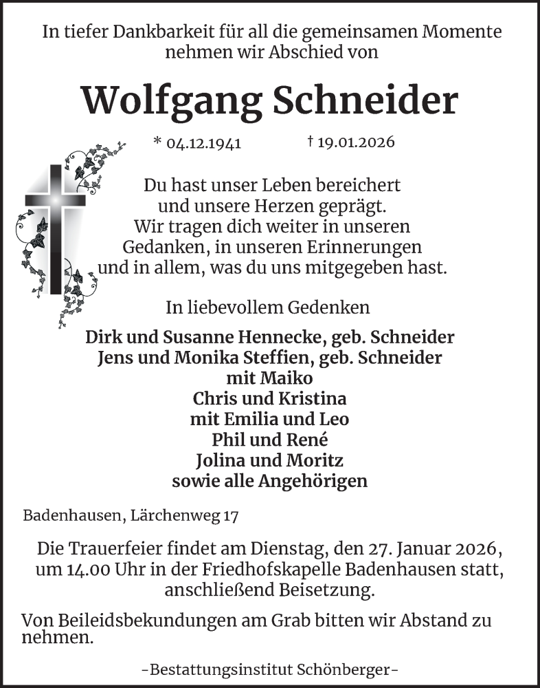  Traueranzeige für Wolfgang Schneider vom 24.01.2026 aus Harz Kurier