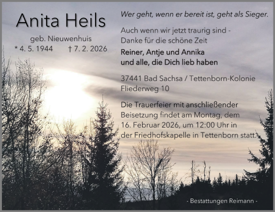 Traueranzeige von Anita Heils von Harz Kurier