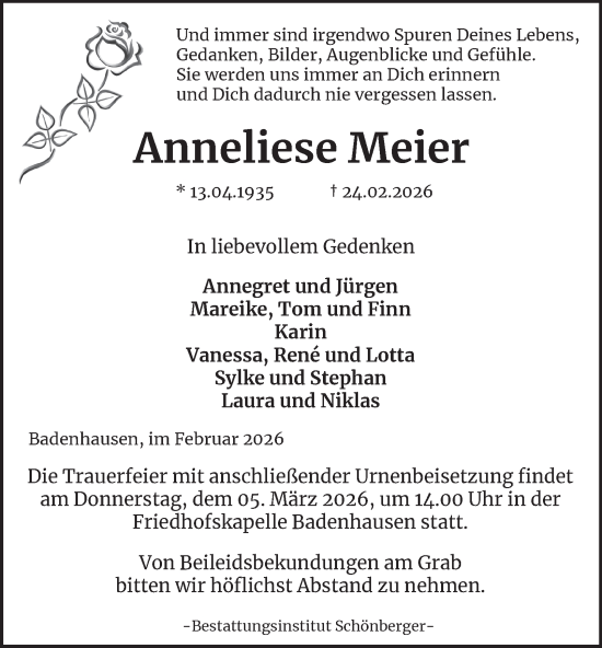 Traueranzeige von Anneliese Meier von Harz Kurier