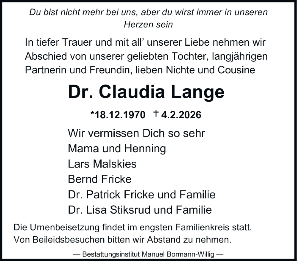  Traueranzeige für Claudia Lange vom 14.02.2026 aus Harz Kurier