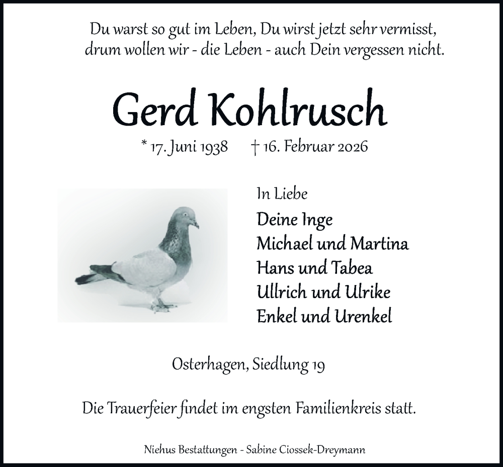  Traueranzeige für Gerd Kohlrusch vom 21.02.2026 aus Harz Kurier