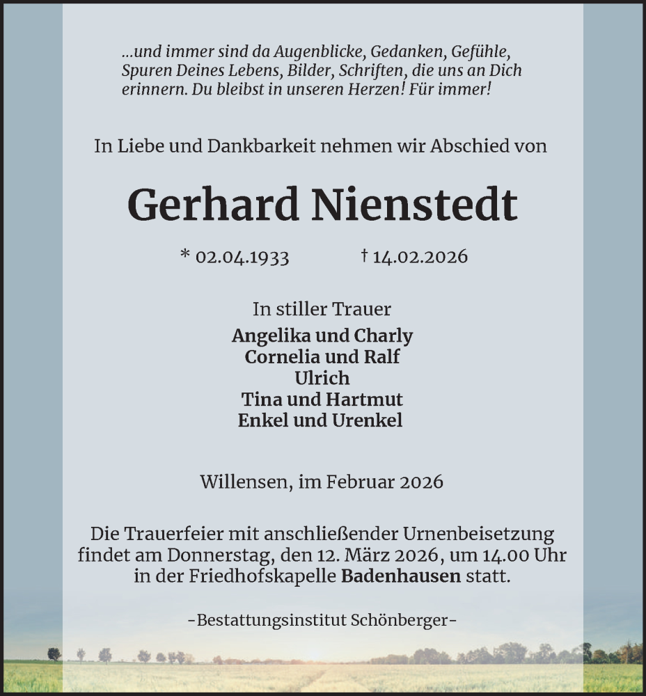  Traueranzeige für Gerhard Nienstedt vom 21.02.2026 aus Harz Kurier