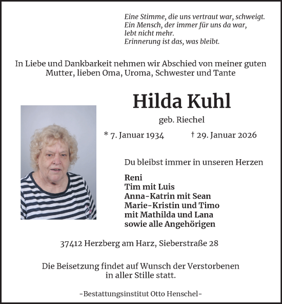 Traueranzeige von Hilda Kuhl von Harz Kurier