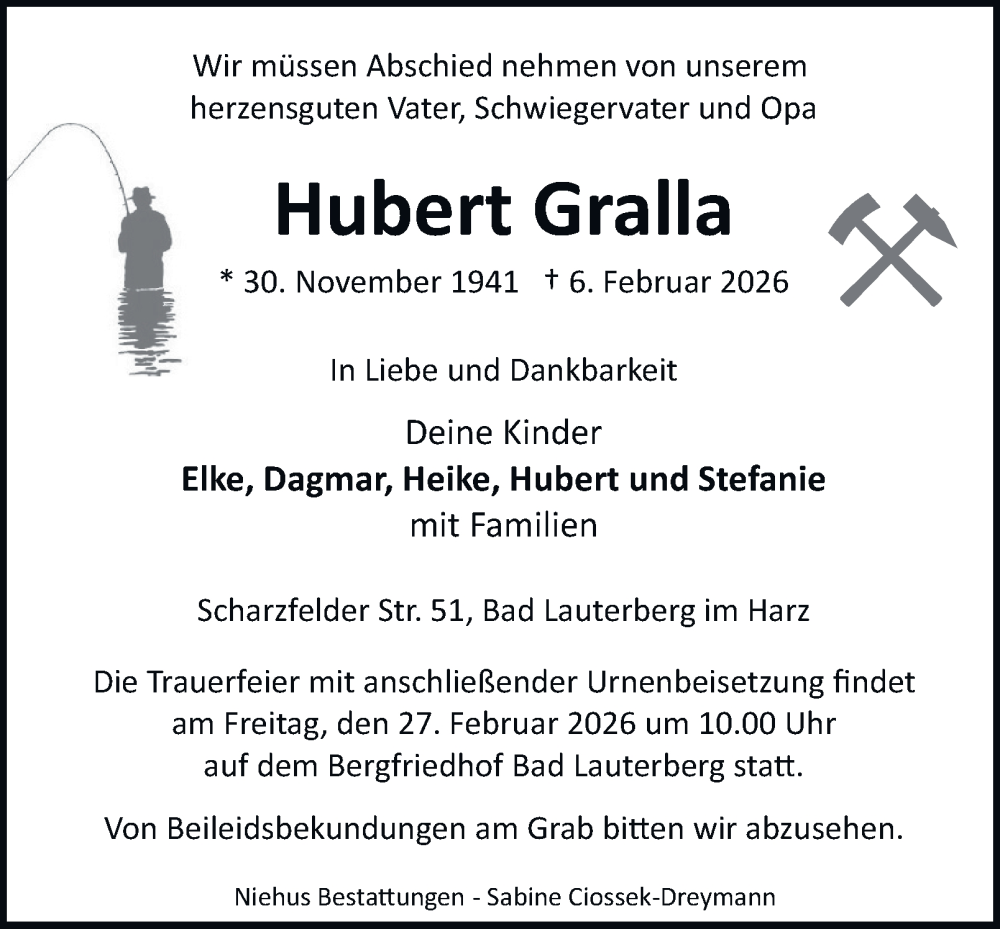  Traueranzeige für Hubert Gralla vom 14.02.2026 aus Harz Kurier