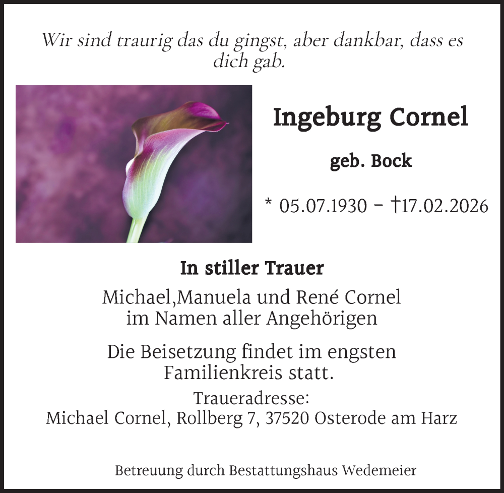  Traueranzeige für Ingeburg Cornel vom 21.02.2026 aus Harz Kurier