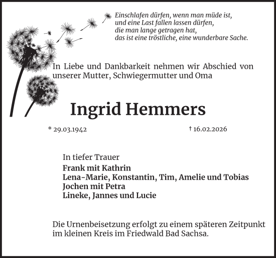 Traueranzeige von Ingrid Hemmers von Harz Kurier