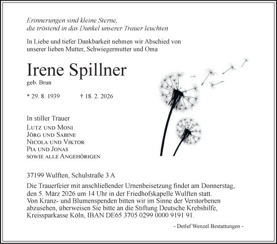 Traueranzeige von Irene Spillner von Harz Kurier