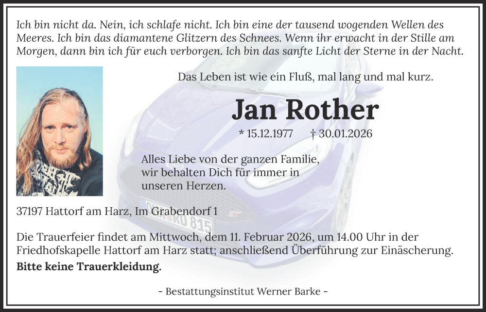  Traueranzeige für Jan Rother vom 07.02.2026 aus Harz Kurier