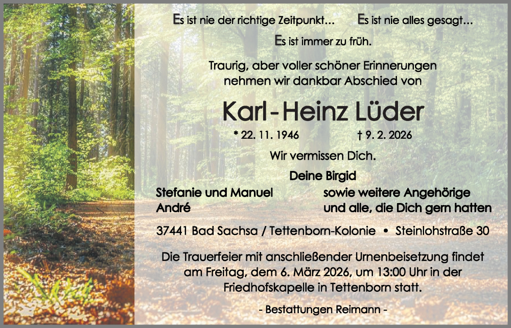  Traueranzeige für Karl -Heinz Lüder vom 21.02.2026 aus Harz Kurier