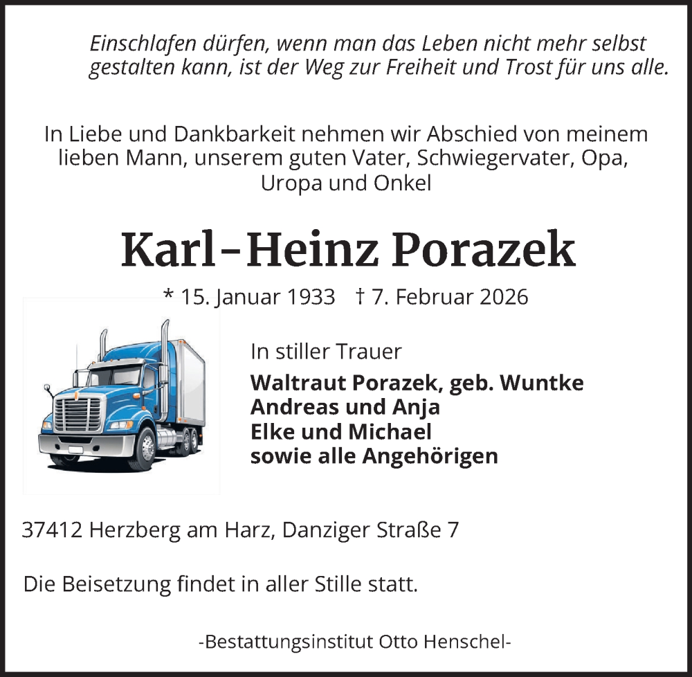  Traueranzeige für Karl-Heinz Porazek vom 14.02.2026 aus Harz Kurier