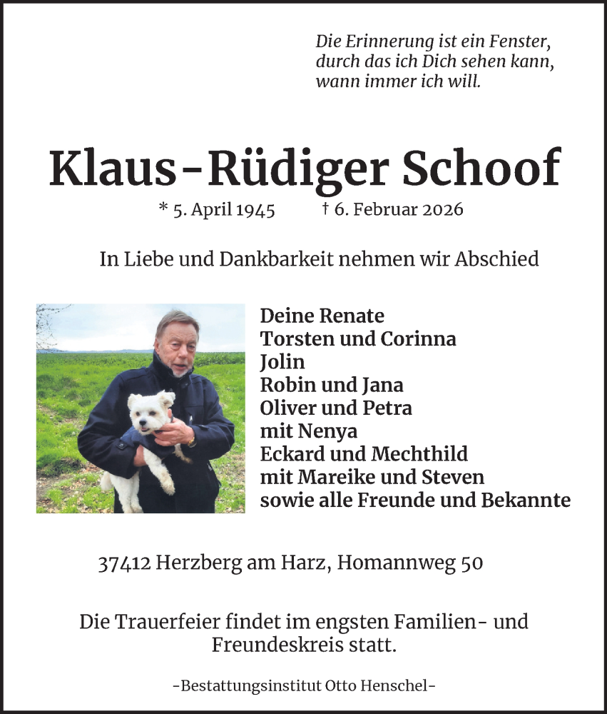  Traueranzeige für Klaus-Rüdiger Schoof vom 14.02.2026 aus Harz Kurier