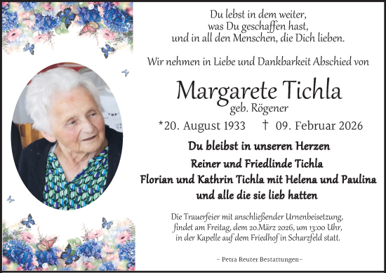 Traueranzeige von Margarete Tichla von Harz Kurier