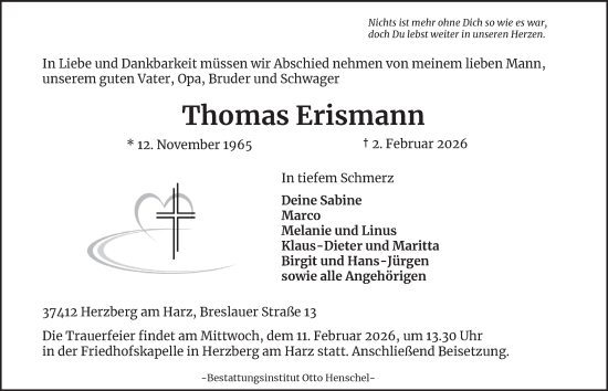 Traueranzeige von Thomas Erismann von Harz Kurier