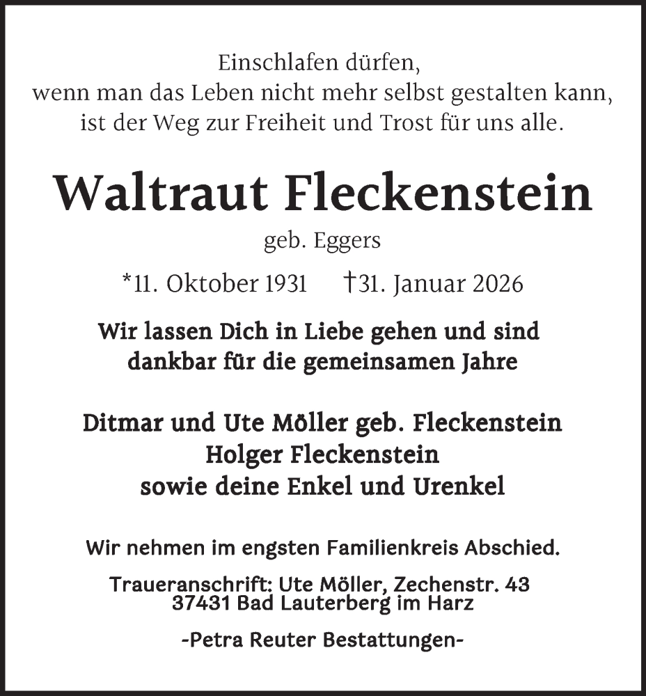  Traueranzeige für Waltraut Fleckenstein vom 07.02.2026 aus Harz Kurier