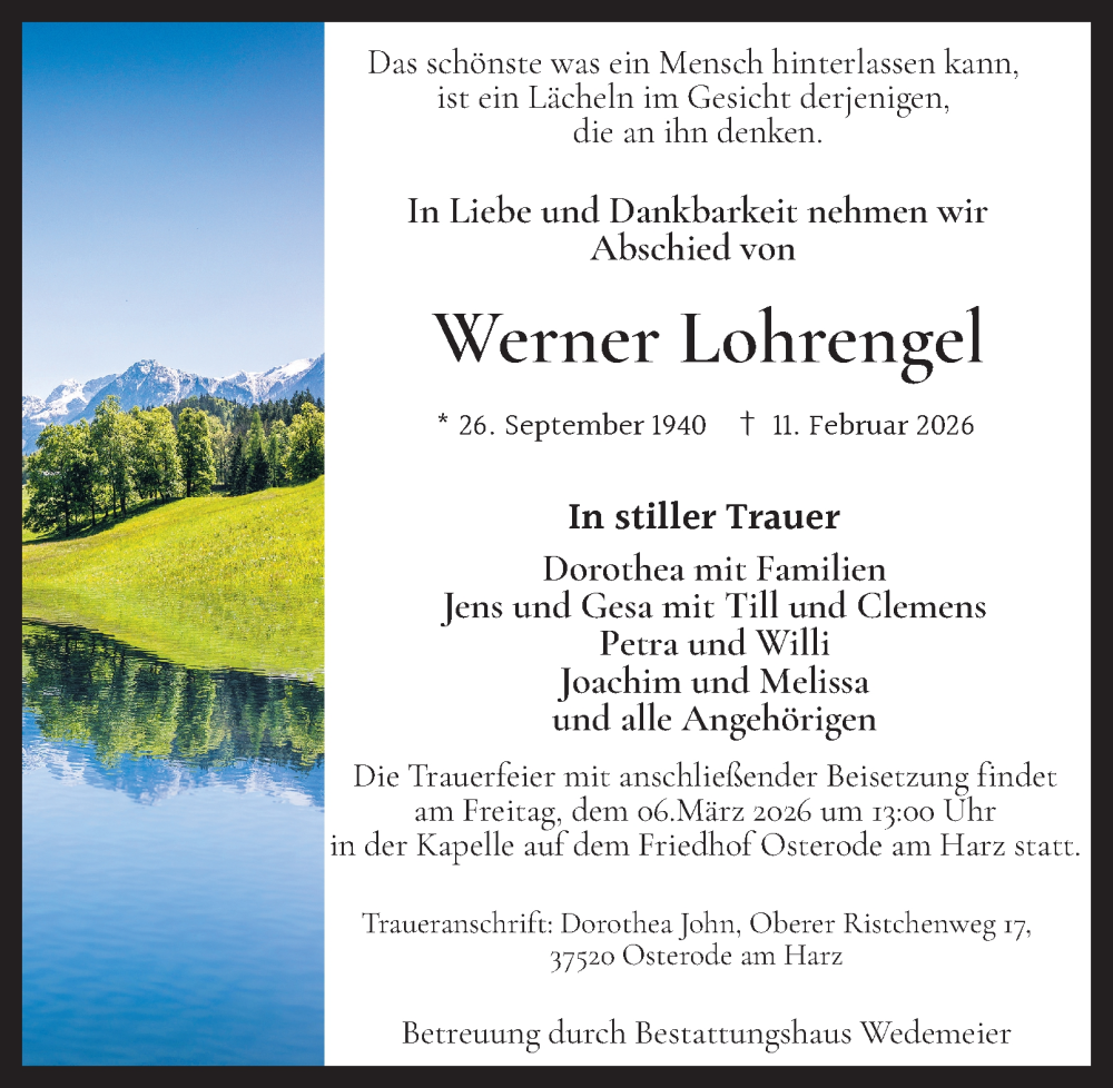  Traueranzeige für Werner Lohrengel vom 14.02.2026 aus Harz Kurier